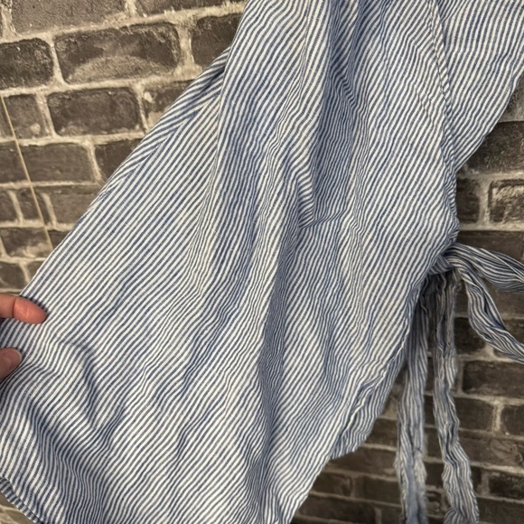 Reformation Angela Linen Wrap Cami Mini Dress Blue Striped Bow Tie - Picture 5 of 11